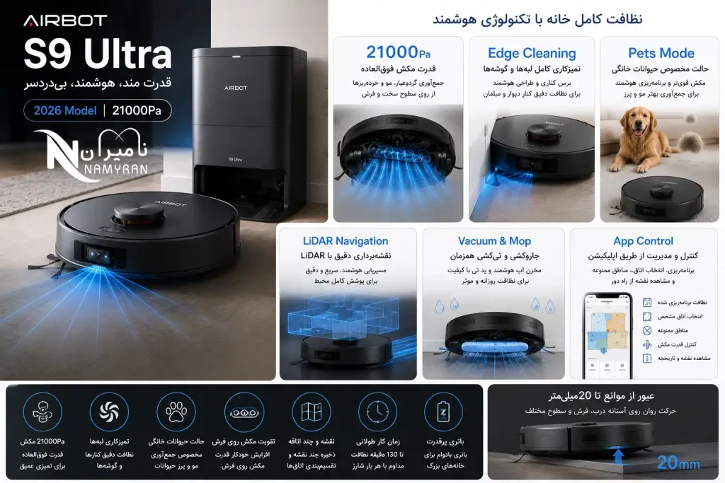جارو رباتیک Airbot S9 Ultra 2 ویژگیهای جارو رباتیک Airbot S9 Ultra شامل مکش 21000 پاسکال و Edge Cleaning